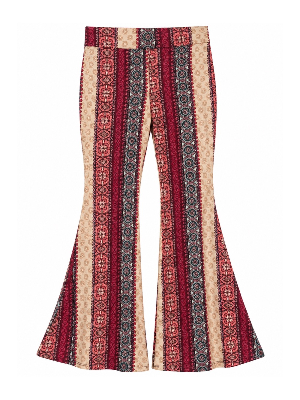 Retro 70s Boho Bell Bottom Patchwork Design Flare Pants High Rise Burgundy Cream